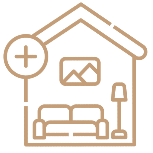 Outline of a house with a couch, lamp, picture, and a plus sign symbol - RM Builders Associates Inc  Outline of a house with a couch, lamp, picture, and a plus sign symbol - RM Builders Associates Inc