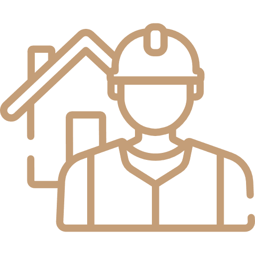 An outline illustration of a construction worker wearing a hard hat in front of a house, symbolizing construction or home improvement - RM Builders Associates Inc  An outline illustration of a construction worker wearing a hard hat in front of a house, symbolizing construction or home improvement - RM Builders Associates Inc