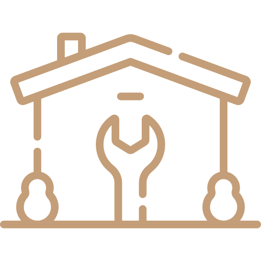 An outline illustration of a house with a pitched roof, bushes on either side, and a wrench icon in the center, symbolizing home repair or maintenance services - RM Builders Associates Inc  An outline illustration of a house with a pitched roof, bushes on either side, and a wrench icon in the center, symbolizing home repair or maintenance services - RM Builders Associates Inc